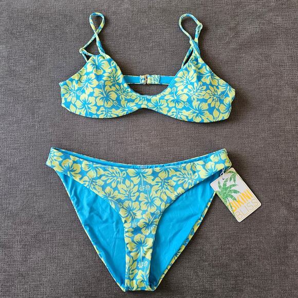 NWT Bikini Bliss Womens Blue Green Floral Bikini Top & Bottom 2-Piece Set Size L - Picture 1 of 8